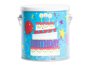 Birthday Party 32 count pail, light blue background with multi-color confetti, stars, and balloons covering the whole can, and the words happy birthday in between part of a white cakes