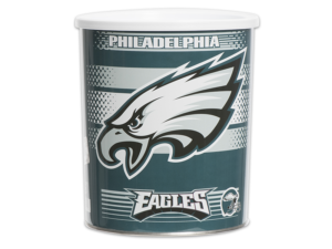 32-count eagles tin, green background with Eagles logo and "Philadelphia" text on pail