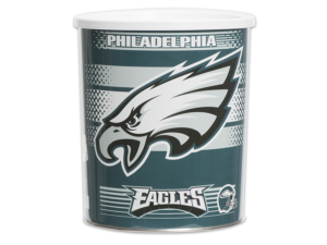 32-count eagles tin, green background with Eagles logo and "Philadelphia" text on pail