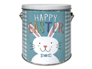 Happy Easter 32-count pail with a white lid and a light blue body with a checkered design wrapping around. A white bunny wearing a blue checkered bow tie with the words happy written in white text and Easter written in multi colored text.