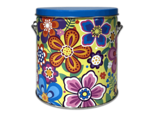 Vivid Floral 32-count pail with a blue lid a yellow body with multicolored flowers all over the tin
