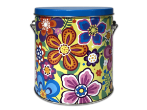 Vivid Floral 32-count pail with a blue lid a yellow body with multicolored flowers all over the tin