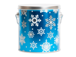 Flurries 32 count pail, blue background with silver and white snowflakes going around the whole thing with a silver lid