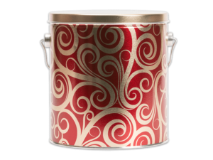 32-count golden swirls pail, red background with golden swirls on pail