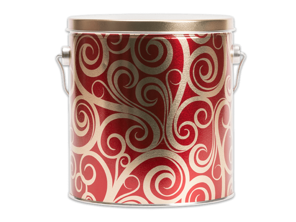 32-count golden swirls pail, red background with golden swirls on pail