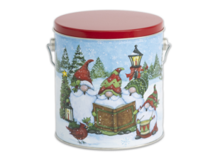 Tin with Gnomes in winter scene, with red lid.