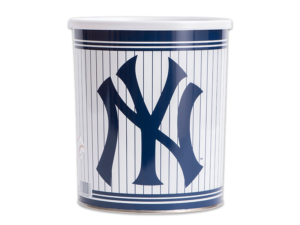 32-count new york yankees pail, white background with blue pinstripes with New York Yankees logo on pail