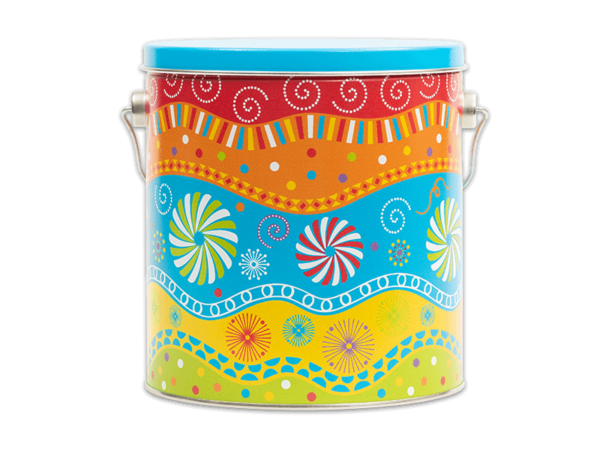 Panache 32-count pail, a bright, multi-color background, swirls, dots, pinwheels, and dots