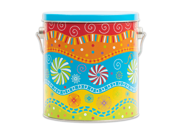 Panache 32-count pail, a bright, multi-color background, swirls, dots, pinwheels, and dots