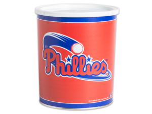 32-count Phillies tin, red background and Phillies logo on pail