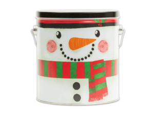 Snowman Tall 32-count pail with the face of a snowman on the side, his hat is the lid