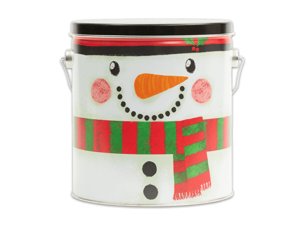 Snowman Tall 32-count pail with the face of a snowman on the side, his hat is the lid