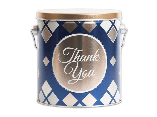 Thank You 32 count pail with a dark blue background with white and gold diamond pattern at the top and bottom with a gold circle in the middle outlined with white with the words thank you written in white cursive in the center, it has a gold lid