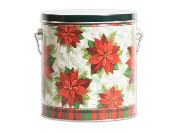 Traditional Holiday 32 count pail with a cream background, red and green flowers going all around it and a plaid red and green strip at the bottom and top with a green lid