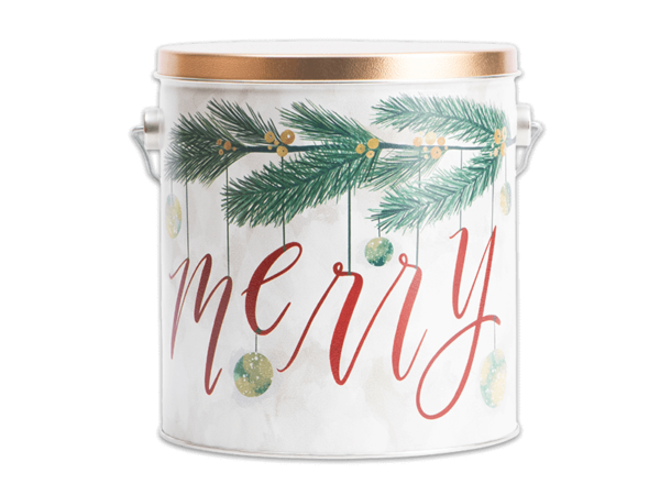 32-count very merry pail, illustration of pine branch with text "Merry" hanging from branch on pail