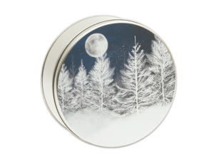Arctic Moon 40-count tin, white silhouettes of pine trees with a full moon in the night sky