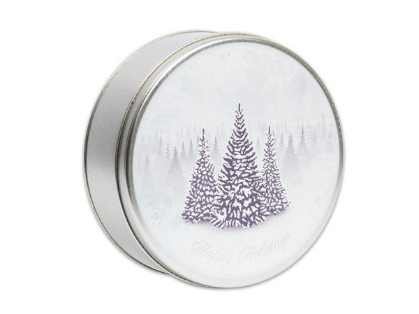 Chocolate Silver Tin, with a winter breeze and trees lid.