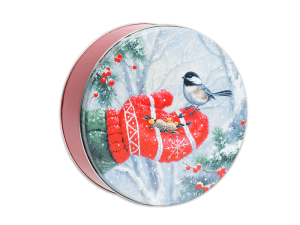 Chocolate Red Tin, with a chickadee sitting on red mitten lid.