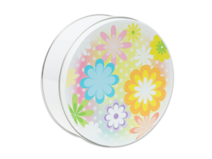 40-count flower power tin, with white background and pastel colored flowers on lid