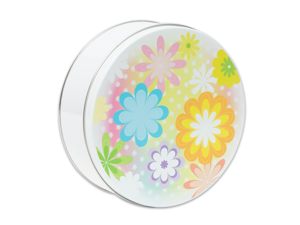 40-count flower power tin, with white background and pastel colored flowers on lid