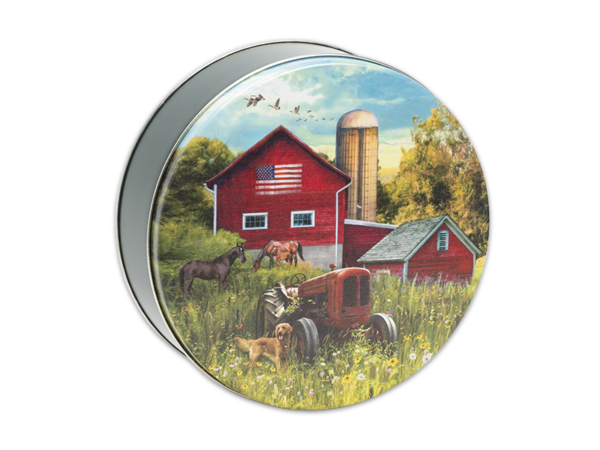 40-count farmer field tin, artwork of red barn and field with horses, tractor and dog on lid
