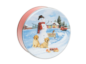 Snowman with Labs 40-count tin with a snowman with two labrador puppies in front of a christmas tree sign and red truck