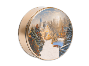 Moonlight Manor Tin, gold tin with Trees set on moonlight lid.