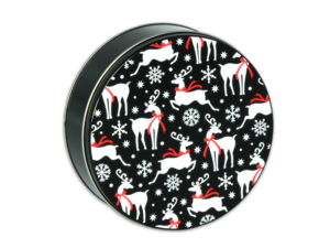 Black Tin with Deer Prancing on Lid.