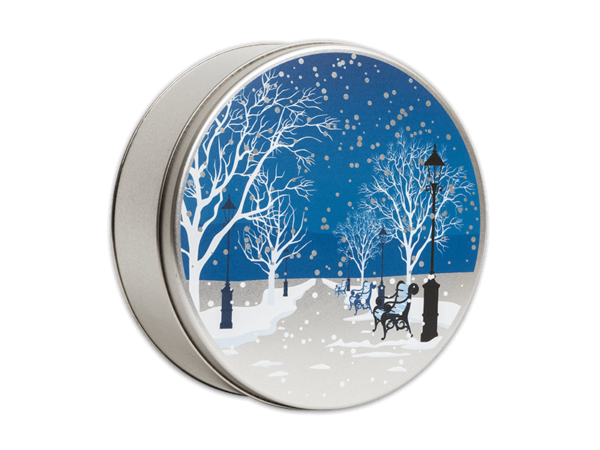 Evening in the Park 40 count tin with a blue lid that has on outdoor snowy scenery with trees