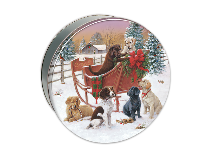 Sleigh Ride scene with Dogs in snow on lid