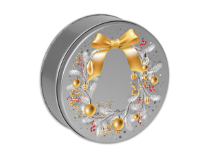 Silver tin with Gold bow and bells reef lid.