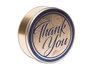 40-count thank you tin, blue and gold background with text, "Thank you" on lid