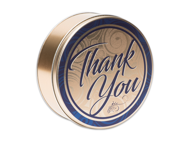 40-count thank you tin, blue and gold background with text, "Thank you" on lid