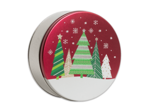 Holiday Trees 40 count white tin with a red lid that has Christmas trees and a snowy bottom on it