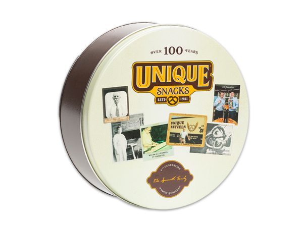 40-count tin with Unique Snacks 100th Anniversary theme, decorated with photographs of generations of Unique Snacks owners