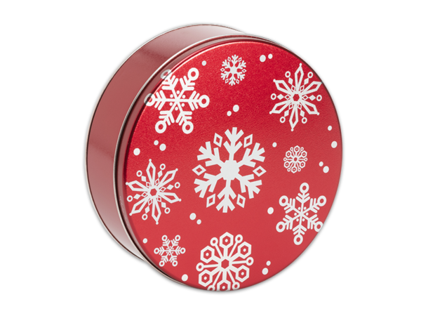 40-count red snowflake tin, with red background and white snowflakes on lid