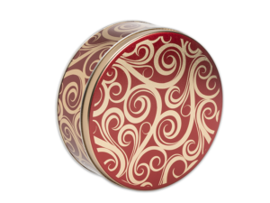 40-count red swirl tin, red background with gold swirls on lid