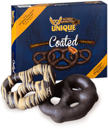 Box of Dark Chocolate Coated Pretzel Splits with two pretzels out in front of the box
