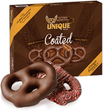 Box of Milk Chocolate Coated Pretzel Splits with two pretzels out in front of the box